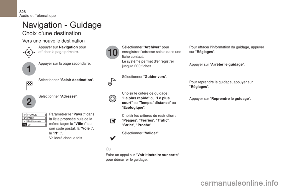 CITROEN DS4 2017 Notices Demploi (in French) 1
2
10
326
Navigation - Guidage
Choix d'une destination
Sélectionner "Saisir destination ".Sélectionner "
Archiver" pour
enregistrer l'adresse saisie dans une
fiche contact CITROEN DS4 2017 Notices Demploi (in French) 1
2
10
326
Navigation - Guidage
Choix d'une destination
Sélectionner "Saisir destination ".Sélectionner "
Archiver" pour
enregistrer l'adresse saisie dans une
fiche contact