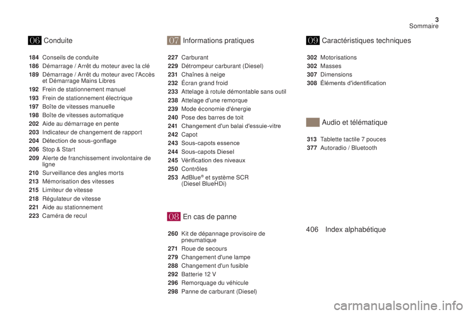CITROEN DS4 2017  Notices Demploi (in French) 07
08
0609
3
En cas de panne
184 Conseils de conduite
186
 D
émarrage / Arrêt du moteur avec la clé
189
 D

émarrage / Arrêt du moteur avec l'Accès 
et Démarrage Mains Libres
192
 F

rein d