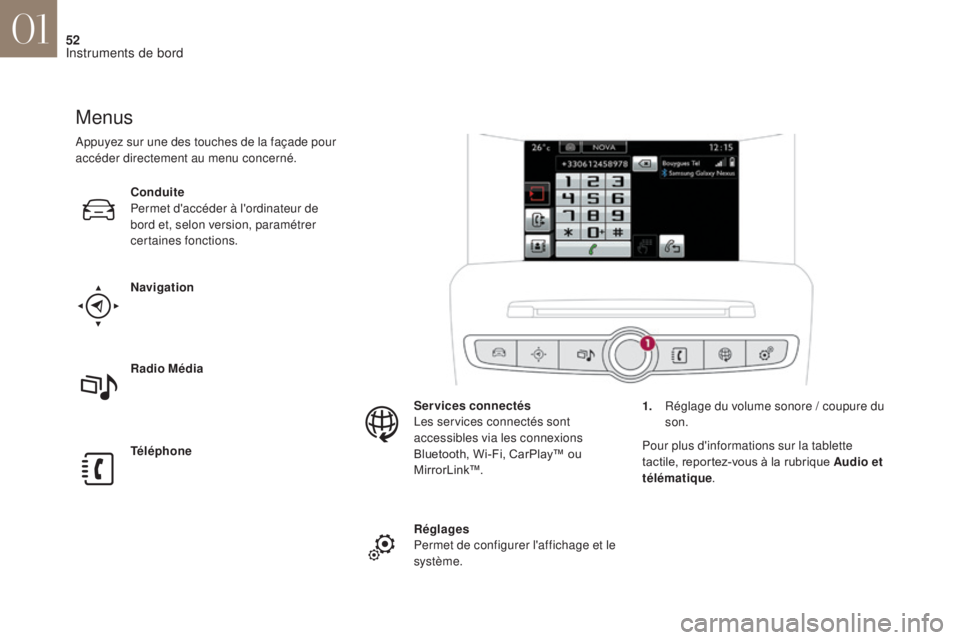 CITROEN DS4 2017  Notices Demploi (in French) 52
Menus
Navigation
Téléphone Radio Média Conduite
Permet d'accéder à l'ordinateur de 
bord et, selon version, paramétrer 
certaines fonctions.Réglages
Permet de configurer l'affich