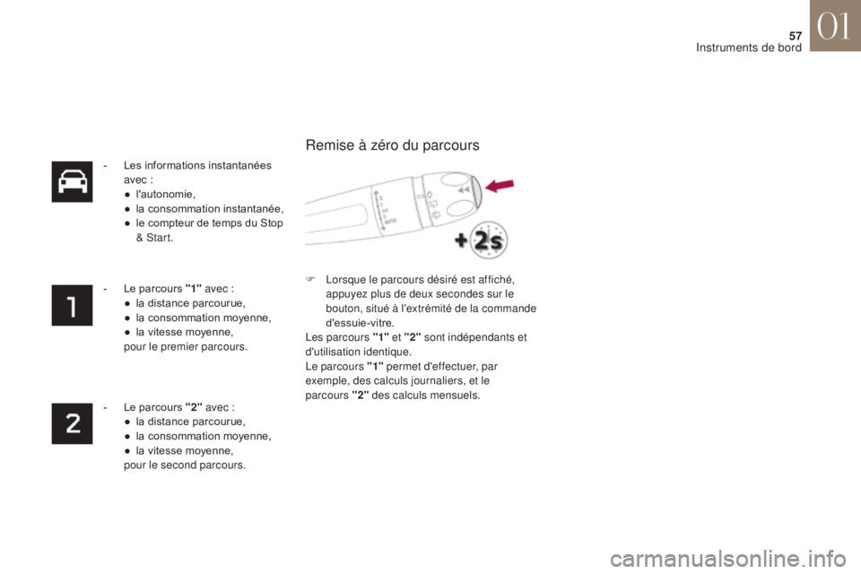 CITROEN DS4 2017  Notices Demploi (in French) 57
- Les informations instantanées avec  :
●
 l

'autonomie,
●
 
l
 a consommation instantanée,
●
 
l
 e compteur de temps du Stop 
& Start.
-
 
L
 e parcours "1"  avec
 

:
●
 
