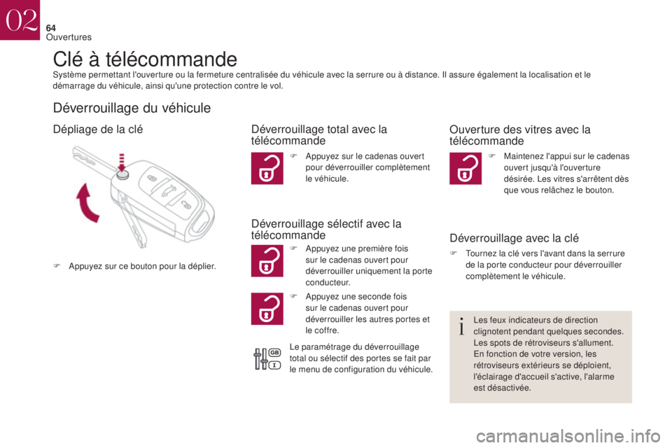 CITROEN DS4 2017 Notices Demploi (in French) 64
Clé à télécommandeSystème permettant l'ouverture ou la fermeture centralisée du véhicule avec la serrure ou à distance. Il assure également la localisation et le
démarrage du véhicu CITROEN DS4 2017 Notices Demploi (in French) 64
Clé à télécommandeSystème permettant l'ouverture ou la fermeture centralisée du véhicule avec la serrure ou à distance. Il assure également la localisation et le
démarrage du véhicu