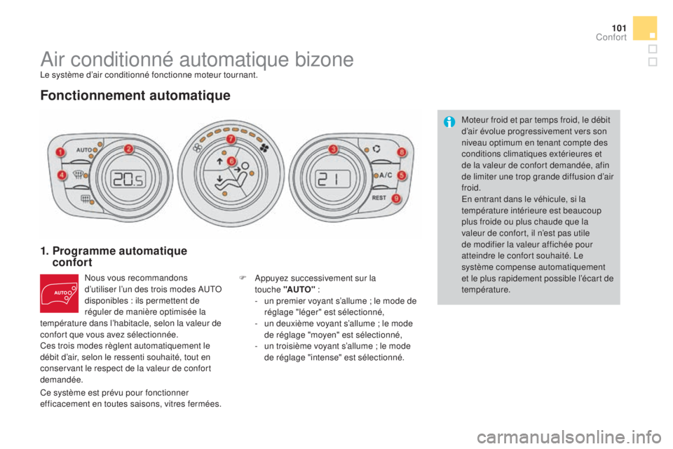 CITROEN DS4 2016 Notices Demploi (in French) 101
Air conditionné automatique bizoneLe système d’air conditionné fonctionne moteur tournant.
Fonctionnement automatique
1. Programme automatique confort
Nous vous recommandons
d’utiliser lâ CITROEN DS4 2016 Notices Demploi (in French) 101
Air conditionné automatique bizoneLe système d’air conditionné fonctionne moteur tournant.
Fonctionnement automatique
1. Programme automatique confort
Nous vous recommandons
d’utiliser lâ