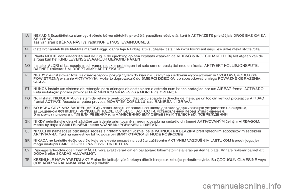 CITROEN DS4 2016 Notices Demploi (in French) LVNEK AD NEuzstādiet uz aizmuguri vērstu bērnu sēdeklīti priekšējā pasažiera sēdvietā, kurā ir AKTIVIZĒTS priekšējais DROŠĪBAS GAISA
S P I LV E N S .
Tas var izraisīt BĒRNA NĀVI v CITROEN DS4 2016 Notices Demploi (in French) LVNEK AD NEuzstādiet uz aizmuguri vērstu bērnu sēdeklīti priekšējā pasažiera sēdvietā, kurā ir AKTIVIZĒTS priekšējais DROŠĪBAS GAISA
S P I LV E N S .
Tas var izraisīt BĒRNA NĀVI v