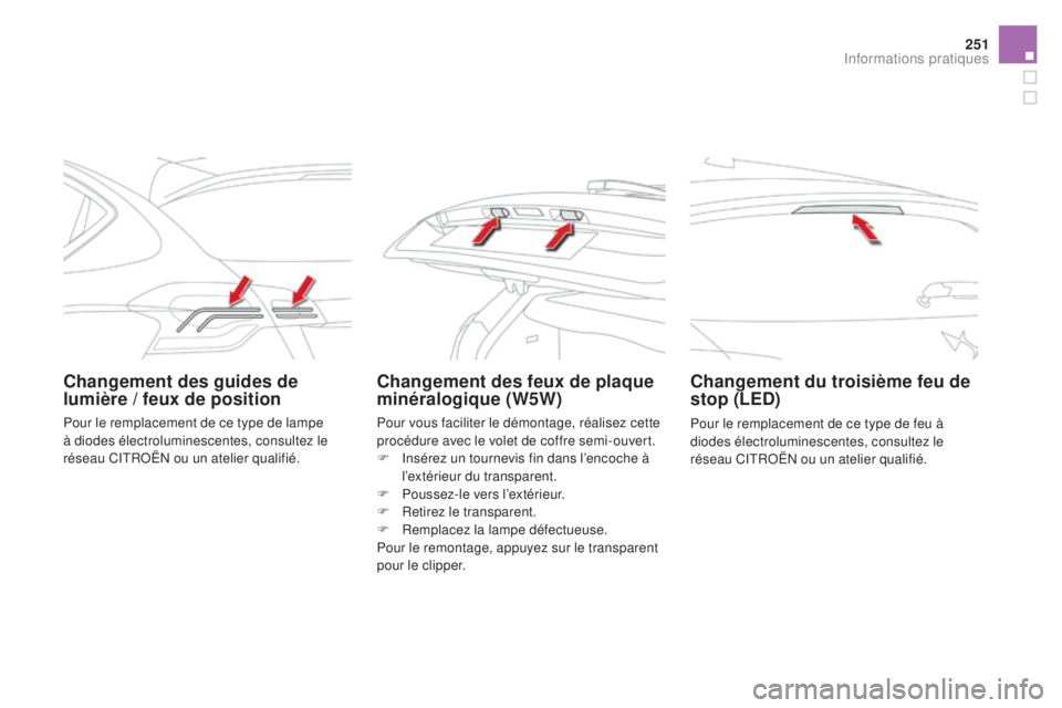 CITROEN DS4 2016  Notices Demploi (in French) 251
Changement des guides de 
lumière / feux de positionChangement des feux de plaque 
minéralogique (W5W)Changement du troisième feu de 
stop (LEd)
Pour le remplacement de ce type de feu à 
diode