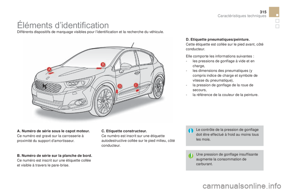 CITROEN DS4 2016 Notices Demploi (in French) 315
Éléments d’identificationDifférents dispositifs de marquage visibles pour l’identification et la recherche du véhicule.
A. Numéro de série sous le capot moteur.
Ce numéro est gravé sur CITROEN DS4 2016 Notices Demploi (in French) 315
Éléments d’identificationDifférents dispositifs de marquage visibles pour l’identification et la recherche du véhicule.
A. Numéro de série sous le capot moteur.
Ce numéro est gravé sur