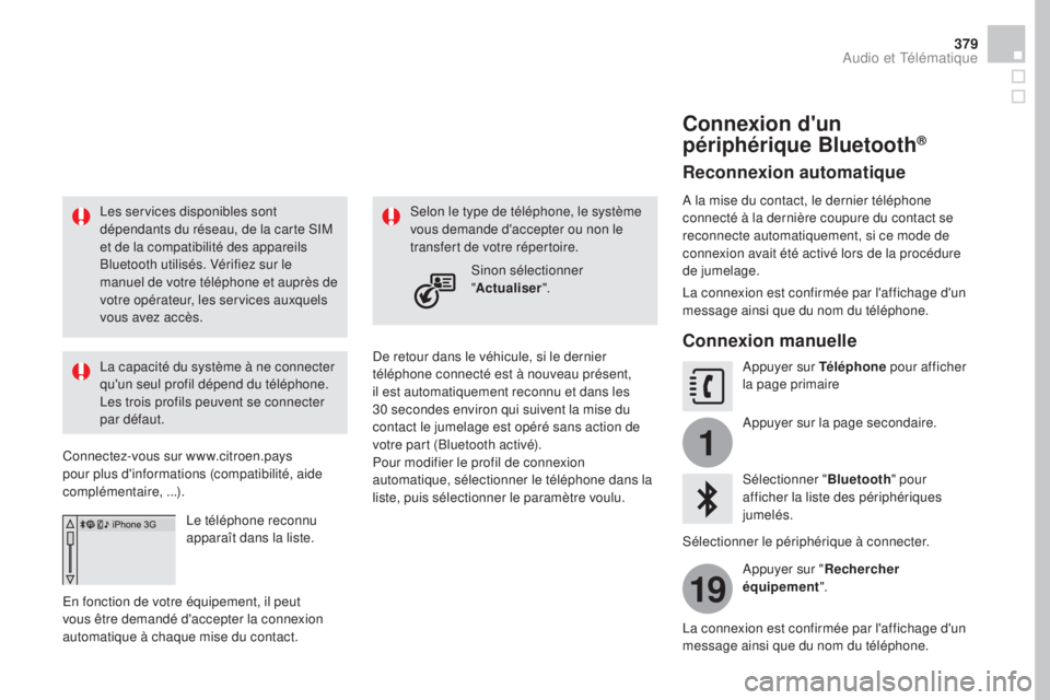 CITROEN DS4 2016 Notices Demploi (in French) 1
19
379
Les services disponibles sont
dépendants du réseau, de la carte SIM
et de la compatibilité des appareils
Bluetooth utilisés. Vérifiez sur le
manuel de votre téléphone et auprès de CITROEN DS4 2016 Notices Demploi (in French) 1
19
379
Les services disponibles sont
dépendants du réseau, de la carte SIM
et de la compatibilité des appareils
Bluetooth utilisés. Vérifiez sur le
manuel de votre téléphone et auprès de