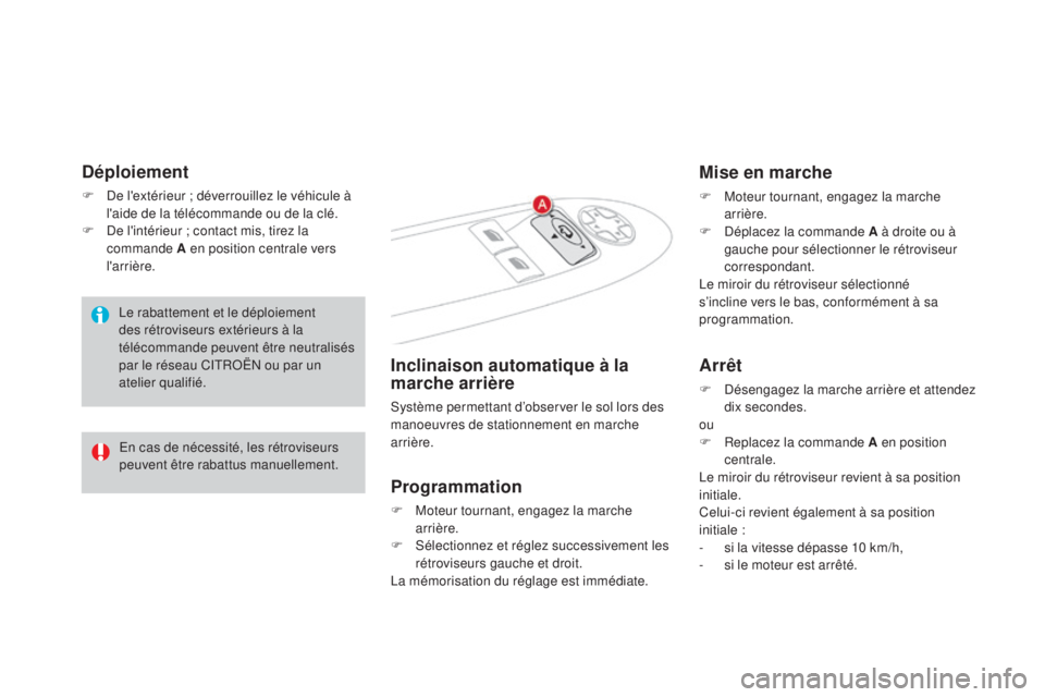 CITROEN DS4 2016 Notices Demploi (in French) déploiement
F De l'extérieur ; déverrouillez le véhicule à l'aide de la télécommande ou de la clé.
F
D
e l'intérieur ; contact mis, tirez la
commande A en position centrale ve CITROEN DS4 2016 Notices Demploi (in French) déploiement
F De l'extérieur ; déverrouillez le véhicule à l'aide de la télécommande ou de la clé.
F
D
e l'intérieur ; contact mis, tirez la
commande A en position centrale ve