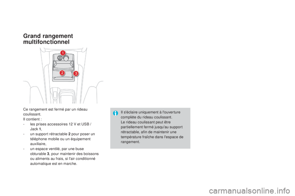 CITROEN DS4 2015  Notices Demploi (in French) Ce rangement est fermé par un rideau 
coulissant.
Il contient :
- 
l
 es prises accessoires 12 V et USB / 
Jack
  1,
-
 
u
 n support rétractable 2 pour poser un 
téléphone mobile ou un équipemen