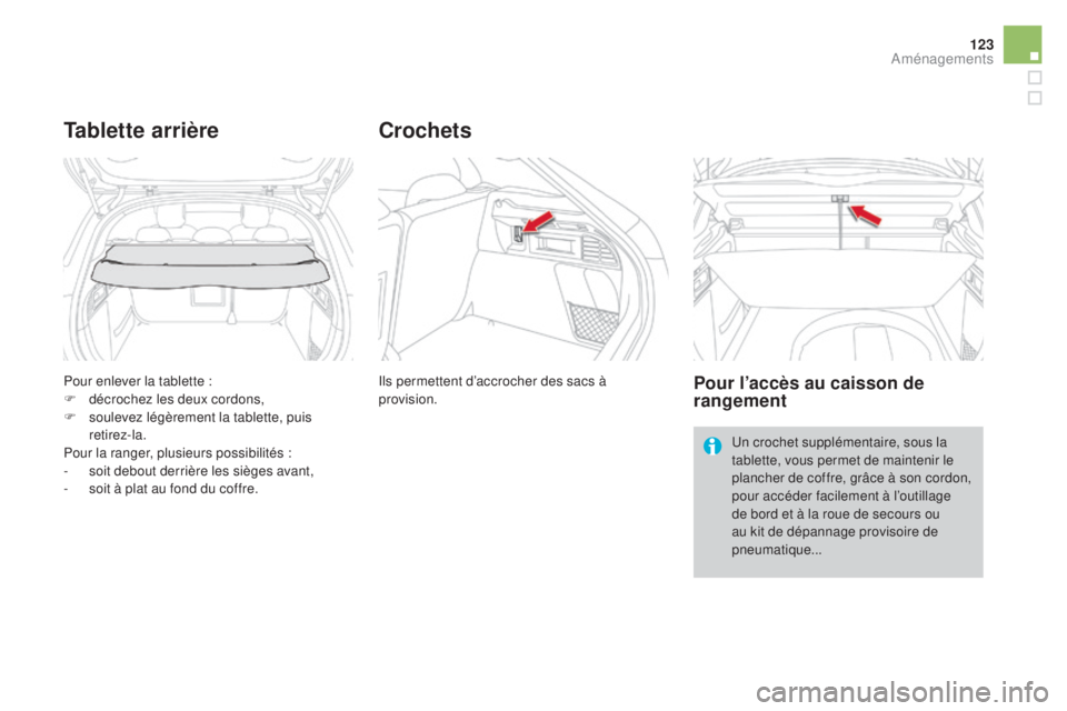 CITROEN DS4 2015  Notices Demploi (in French) 123
Pour enlever la tablette :
F d écrochez les deux cordons,
F
 
so
 ulevez légèrement la tablette, puis 
retirez-la.
Pour la ranger, plusieurs possibilités :
-
 
s
 oit debout derrière les siè