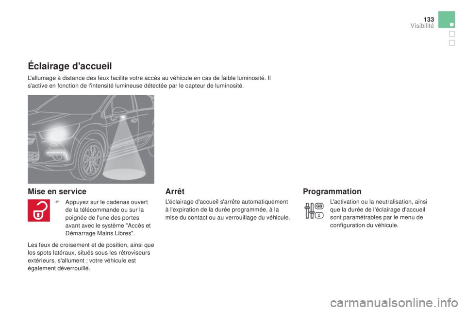 CITROEN DS4 2015 Notices Demploi (in French) 133
Éclairage d'accueil
L'allumage à distance des feux facilite votre accès au véhicule en cas de faible luminosité. Il
s'active en fonction de l'intensité lumineuse détectée CITROEN DS4 2015 Notices Demploi (in French) 133
Éclairage d'accueil
L'allumage à distance des feux facilite votre accès au véhicule en cas de faible luminosité. Il
s'active en fonction de l'intensité lumineuse détectée