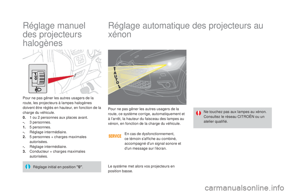 CITROEN DS4 2015 Notices Demploi (in French) Réglage automatique des projecteurs au
xénon
Ne touchez pas aux lampes au xénon.
Consultez le réseau CITROËN ou un
atelier qualifié.
Pour ne pas gêner les autres usagers de la
route, ce syst CITROEN DS4 2015 Notices Demploi (in French) Réglage automatique des projecteurs au
xénon
Ne touchez pas aux lampes au xénon.
Consultez le réseau CITROËN ou un
atelier qualifié.
Pour ne pas gêner les autres usagers de la
route, ce syst