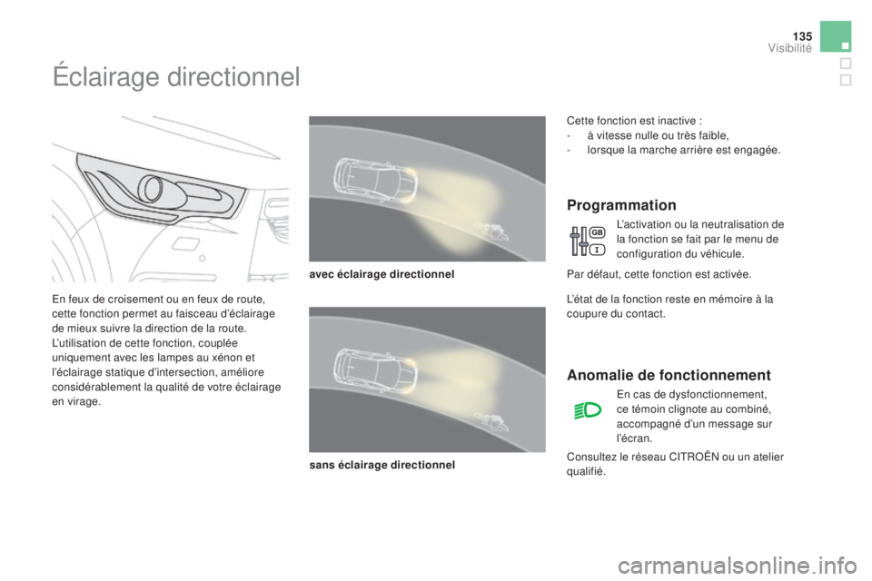 CITROEN DS4 2015 Notices Demploi (in French) 135
Éclairage directionnel
En feux de croisement ou en feux de route,
cette fonction permet au faisceau d’éclairage
de mieux suivre la direction de la route.
L’utilisation de cette fonction, c CITROEN DS4 2015 Notices Demploi (in French) 135
Éclairage directionnel
En feux de croisement ou en feux de route,
cette fonction permet au faisceau d’éclairage
de mieux suivre la direction de la route.
L’utilisation de cette fonction, c