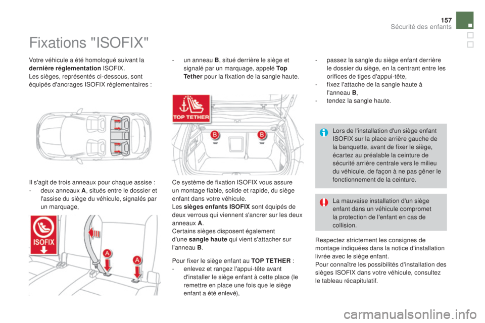 CITROEN DS4 2015  Notices Demploi (in French) 157
Votre véhicule a été homologué suivant la 
dernière réglementation ISOFIX.
Les sièges, représentés ci-dessous, sont 
équipés d'ancrages ISOFIX réglementaires :
Fixations "ISOFI