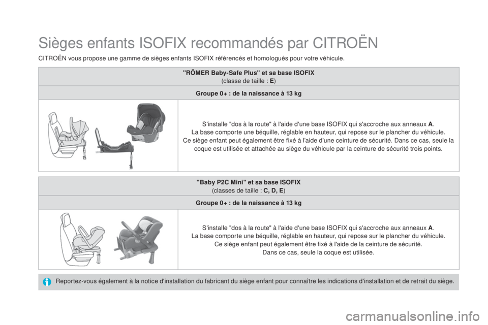 CITROEN DS4 2015  Notices Demploi (in French) Sièges enfants ISOFIX recommandés par CITROËN
Reportez-vous également à la notice d'installation du fabricant du siège enfant pour connaître les indications d'installation et de retrait