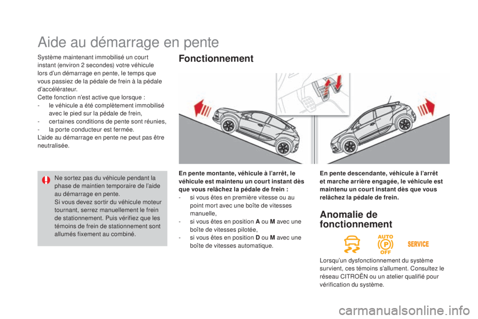 CITROEN DS4 2015 Notices Demploi (in French) Système maintenant immobilisé un court
instant (environ 2 secondes) votre véhicule
lors d’un démarrage en pente, le temps que
vous passiez de la pédale de frein à la pédale
d’accéléra CITROEN DS4 2015 Notices Demploi (in French) Système maintenant immobilisé un court
instant (environ 2 secondes) votre véhicule
lors d’un démarrage en pente, le temps que
vous passiez de la pédale de frein à la pédale
d’accéléra