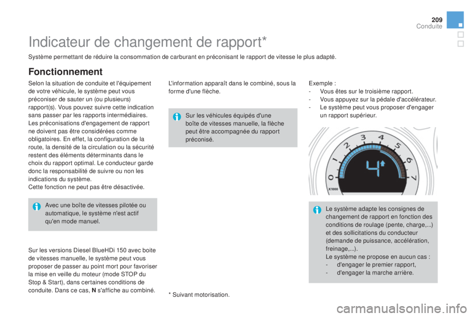 CITROEN DS4 2015 Notices Demploi (in French) 209
Indicateur de changement de rapport*
Sur les véhicules équipés d'une
boîte de vitesses manuelle, la flèche
peut être accompagnée du rapport
préconisé.
Avec une boîte de vitesses p CITROEN DS4 2015 Notices Demploi (in French) 209
Indicateur de changement de rapport*
Sur les véhicules équipés d'une
boîte de vitesses manuelle, la flèche
peut être accompagnée du rapport
préconisé.
Avec une boîte de vitesses p