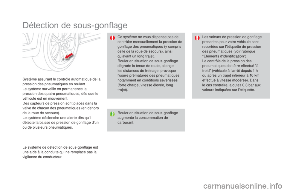 CITROEN DS4 2015 Notices Demploi (in French) Détection de sous-gonflage
Système assurant le contrôle automatique de la
pression des pneumatiques en roulant.
Le système surveille en permanence la
pression des quatre pneumatiques, dès que l CITROEN DS4 2015 Notices Demploi (in French) Détection de sous-gonflage
Système assurant le contrôle automatique de la
pression des pneumatiques en roulant.
Le système surveille en permanence la
pression des quatre pneumatiques, dès que l