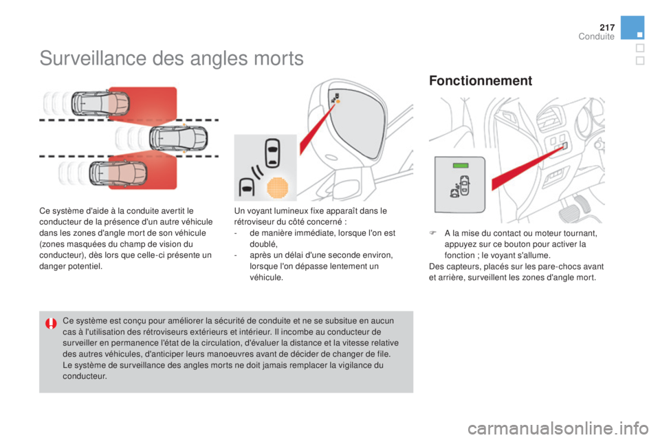CITROEN DS4 2015 Notices Demploi (in French) 217
Surveillance des angles morts
Ce système d'aide à la conduite avertit le
conducteur de la présence d'un autre véhicule
dans les zones d'angle mort de son véhicule
(zones masqu CITROEN DS4 2015 Notices Demploi (in French) 217
Surveillance des angles morts
Ce système d'aide à la conduite avertit le
conducteur de la présence d'un autre véhicule
dans les zones d'angle mort de son véhicule
(zones masqu