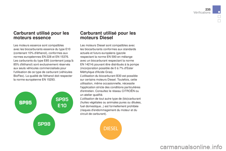 CITROEN DS4 2015  Notices Demploi (in French) 235
Carburant utilisé pour les 
moteurs essence
Les moteurs essence sont compatibles 
avec les biocarburants essence du type E10 
(contenant 10% d'éthanol), conformes aux 
normes européennes EN