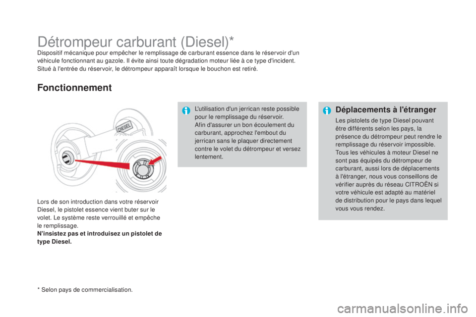 CITROEN DS4 2015  Notices Demploi (in French) déplacements à l'étranger
Les pistolets de type Diesel pouvant 
être différents selon les pays, la 
présence du détrompeur peut rendre le 
remplissage du réservoir impossible.
Tous les vé