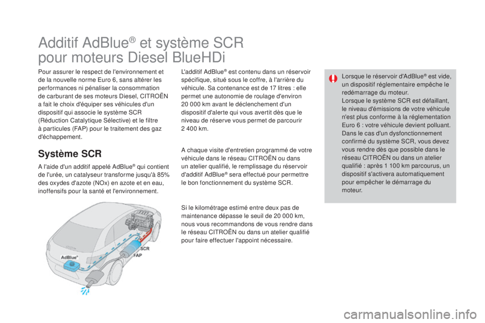 CITROEN DS4 2015 Notices Demploi (in French) Lorsque le réservoir d'AdBlue® est vide,
un dispositif réglementaire empêche le
redémarrage du moteur.
Lorsque le système SCR est défaillant,
le niveau d'émissions de votre véhicul CITROEN DS4 2015 Notices Demploi (in French) Lorsque le réservoir d'AdBlue® est vide,
un dispositif réglementaire empêche le
redémarrage du moteur.
Lorsque le système SCR est défaillant,
le niveau d'émissions de votre véhicul