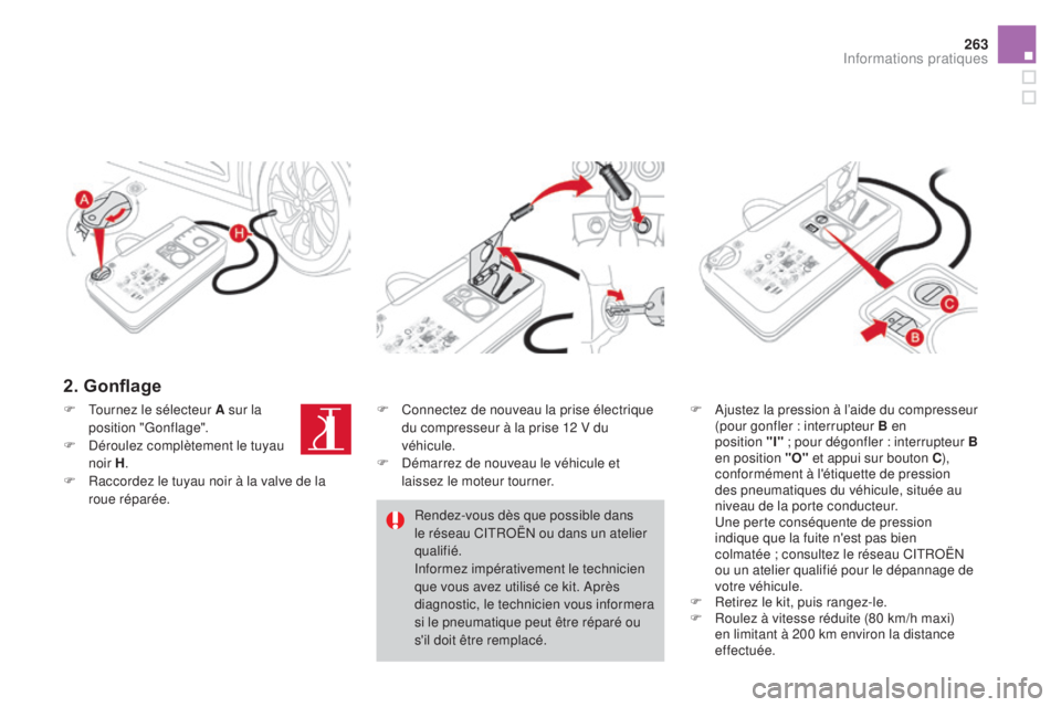 CITROEN DS4 2015  Notices Demploi (in French) 263
2. Gonflage
F Ajustez la pression à l’aide du compresseur (pour gonfler : interrupteur B en 
position
 "i

" ; pour dégonfler : interrupteur
 
B
  
en position "O"  et appui su