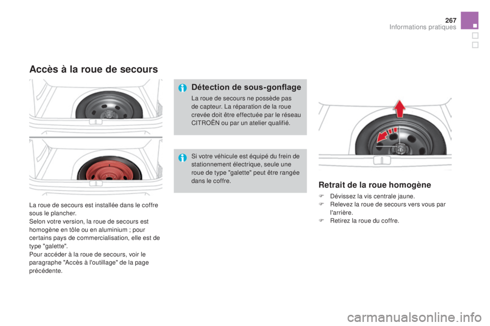 CITROEN DS4 2015  Notices Demploi (in French) 267
La roue de secours est installée dans le coffre 
sous le plancher.
Selon votre version, la roue de secours est 
homogène en tôle ou en aluminium ; pour 
certains pays de commercialisation, elle