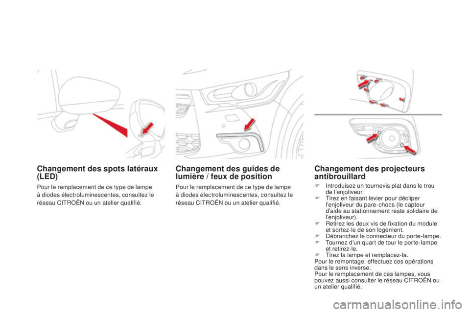 CITROEN DS4 2015  Notices Demploi (in French) Changement des spots latéraux 
(Led )
Pour le remplacement de ce type de lampe 
à diodes électroluminescentes, consultez le 
réseau CITROËN ou un atelier qualifié.
Changement des guides de 
lumi