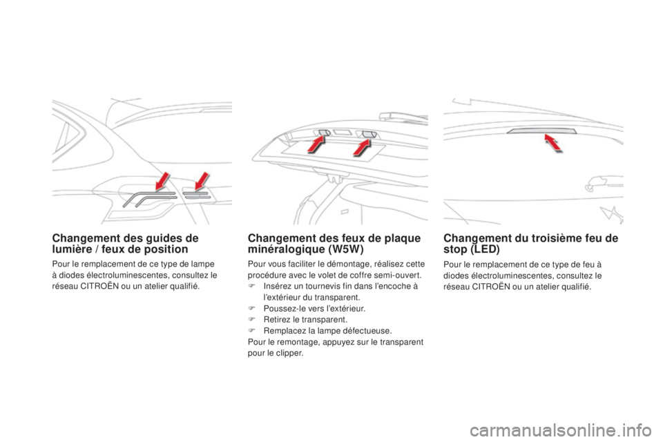 CITROEN DS4 2015 Notices Demploi (in French) Changement des guides de
lumière / feux de positionChangement des feux de plaque
minéralogique (W5W)Changement du troisième feu de
stop (Le
d)
Pour le remplacement de ce type de feu Ã
diodes à CITROEN DS4 2015 Notices Demploi (in French) Changement des guides de
lumière / feux de positionChangement des feux de plaque
minéralogique (W5W)Changement du troisième feu de
stop (Le
d)
Pour le remplacement de ce type de feu Ã
diodes Ã