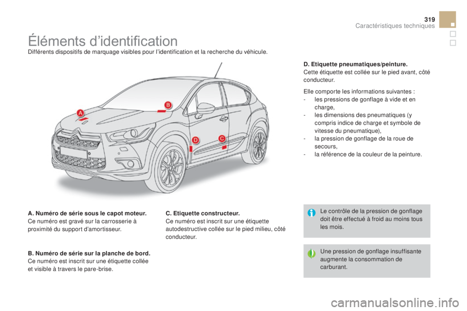 CITROEN DS4 2015 Notices Demploi (in French) 319
Éléments d’identificationDifférents dispositifs de marquage visibles pour l’identification et la recherche du véhicule.
a.
n
u
méro de série sous le capot moteur.
Ce numéro est gravé CITROEN DS4 2015 Notices Demploi (in French) 319
Éléments d’identificationDifférents dispositifs de marquage visibles pour l’identification et la recherche du véhicule.
a.
n
u
méro de série sous le capot moteur.
Ce numéro est gravé