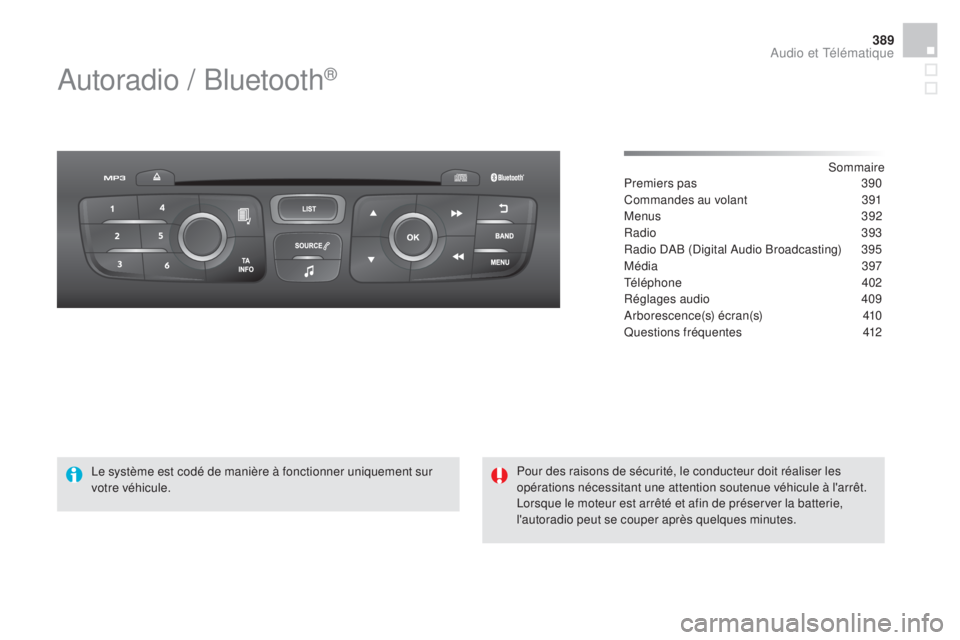 CITROEN DS4 2015  Notices Demploi (in French) 389
Autoradio / Bluetooth®
Sommaire
Premiers pas
 3 90
Commandes au volant
 
3
 91
Menus
  392
Radio
 3

93
Radio DAB (Digital Audio Broadcasting)
 
3
 95
Média
 

397
Téléphone
 

402
Réglages a