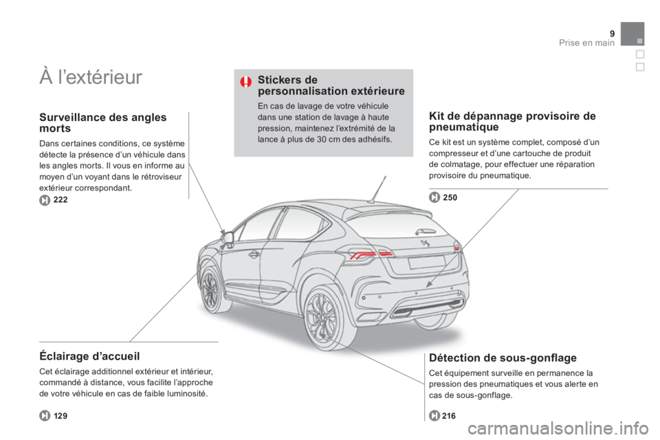 CITROEN DS4 2014  Notices Demploi (in French) 9Prise en main
  À l’extérieur  
 
 
Éclairage d’accueil 
 
Cet éclairage additionnel extérieur et intérieur, 
commandé à distance, vous facilite l’approche 
de votre véhicule en cas de