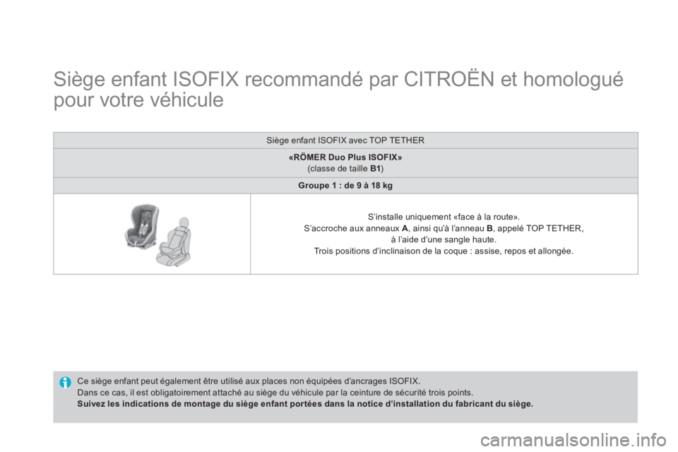 CITROEN DS4 2014 Notices Demploi (in French)
Siège enfant ISOFIX recommandé par CITROËN et homologué
pour votre véhicule
Ce siège enfant peut également être utilisé aux places non équipées d’ancrag CITROEN DS4 2014 Notices Demploi (in French)
Siège enfant ISOFIX recommandé par CITROËN et homologué
pour votre véhicule
Ce siège enfant peut également être utilisé aux places non équipées d’ancrag