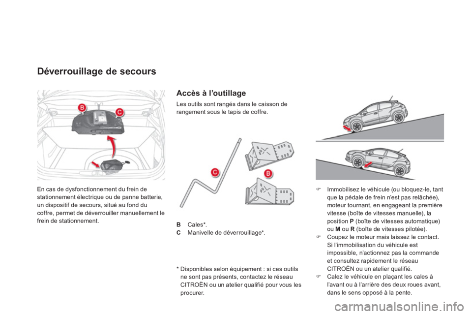 CITROEN DS4 2014 Notices Demploi (in French) En cas de dysfonctionnement du frein de
stationnement électrique ou de panne batterie,
un dispositif de secours, situé au fond du
coffre, permet de déverrouiller manuellement le
frein de stat CITROEN DS4 2014 Notices Demploi (in French) En cas de dysfonctionnement du frein de
stationnement électrique ou de panne batterie,
un dispositif de secours, situé au fond du
coffre, permet de déverrouiller manuellement le
frein de stat