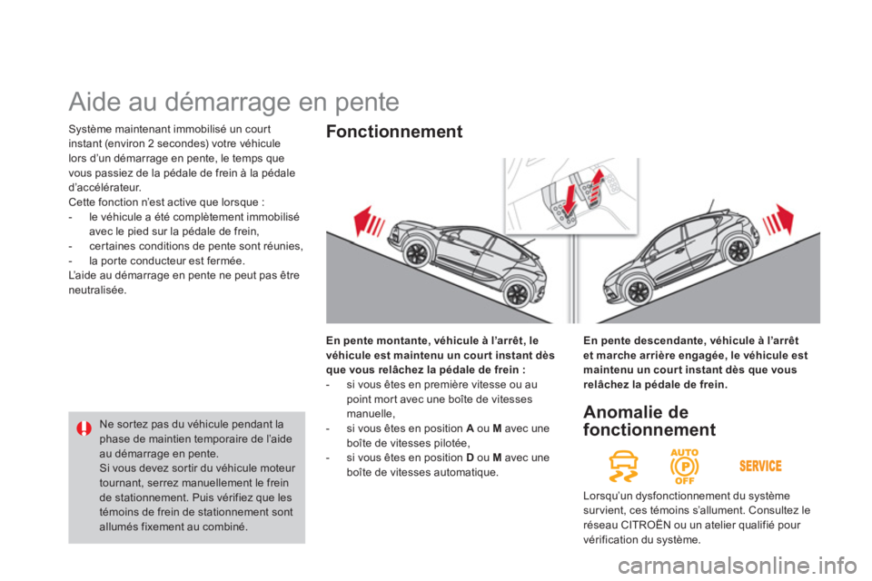 CITROEN DS4 2014  Notices Demploi (in French)   Système maintenant immobilisé un court 
instant (environ 2 secondes) votre véhicule 
lors d’un démarrage en pente, le temps que 
vous passiez de la pédale de frein à la pédale 
d’accélé