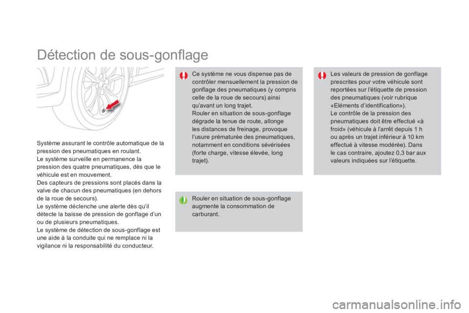 CITROEN DS4 2014  Notices Demploi (in French)    
 
 
 
 
 
 
 
Détection de sous-gonﬂ age 
 
 
Système assurant le contrôle automatique de la 
pression des pneumatiques en roulant. 
  Le système sur veille en permanence la 
pression des qu