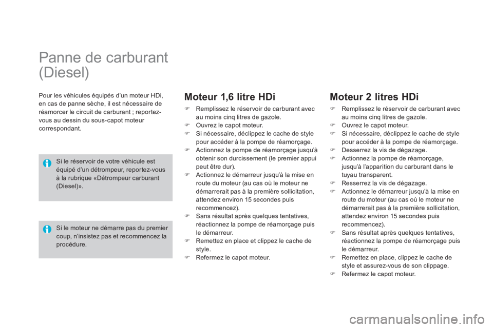 CITROEN DS4 2014  Notices Demploi (in French)    
 
 
 
 
 
 
 
 
 
Panne de carburant 
(Diesel)  
 
 
Pour les véhicules équipés d’un moteur HDi, 
en cas de panne sèche, il est nécessaire de 
réamorcer le circuit de carburant ; reportez-