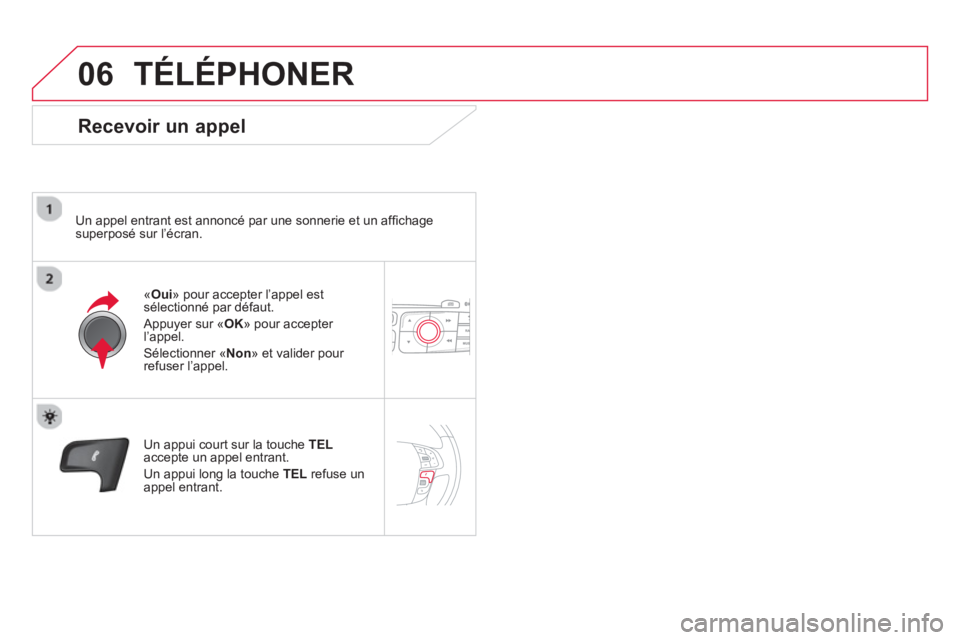 CITROEN DS4 2014  Notices Demploi (in French) 06  TÉLÉPHONER 
 
 
Recevoir un appel 
 
 
Un appel entrant est annoncé par une sonnerie et un afﬁ chage 
superposé sur l’écran.  
   
« Oui 
» pour accepter l’appel est 
sélectionné pa