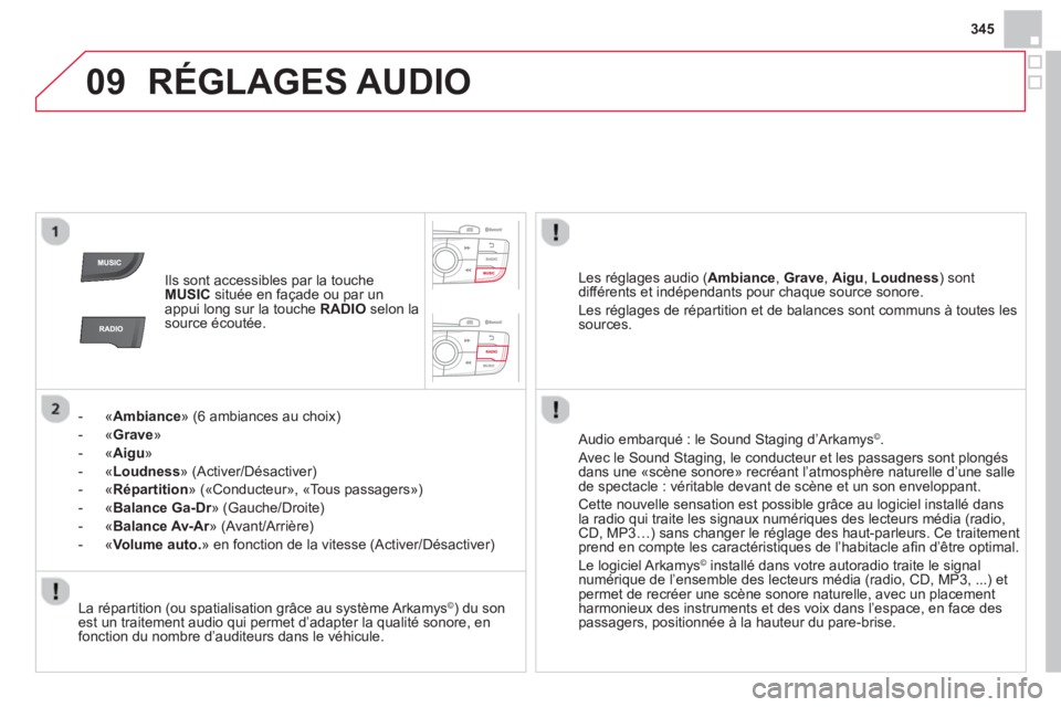 CITROEN DS4 2014  Notices Demploi (in French) 09
345
  RÉGLAGES AUDIO 
 
 
 
Ils sont accessibles par la touche 
  MUSIC 
 située en façade ou par un 
appui long sur la touche  RADIO 
 selon la 
source écoutée.  
   
 
 
-  « Ambiance 
» (