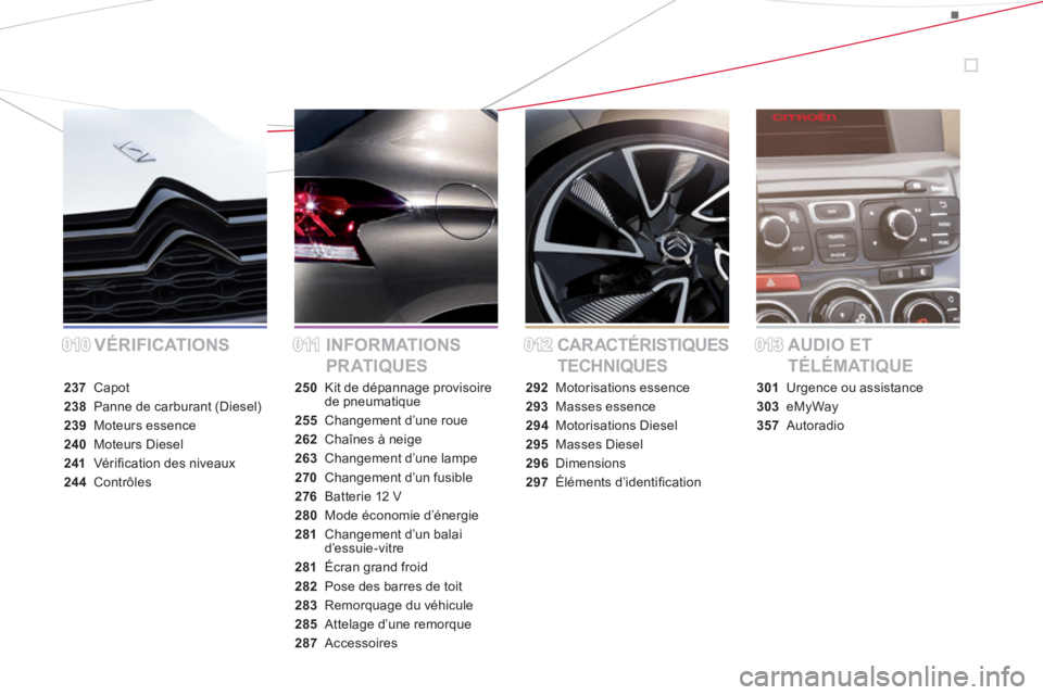 CITROEN DS4 2014  Notices Demploi (in French) VÉRIFICATIONS INFORMATIONS 
PR ATIQUESCAR ACTÉRISTIQUES 
TECHNIQUESAUDIO ET 
TÉLÉMATIQUE
237 Capot
238  Panne de carburant (Diesel)
239 Moteurs essence
240 Moteurs Diesel
241 Vér iﬁ cation des 