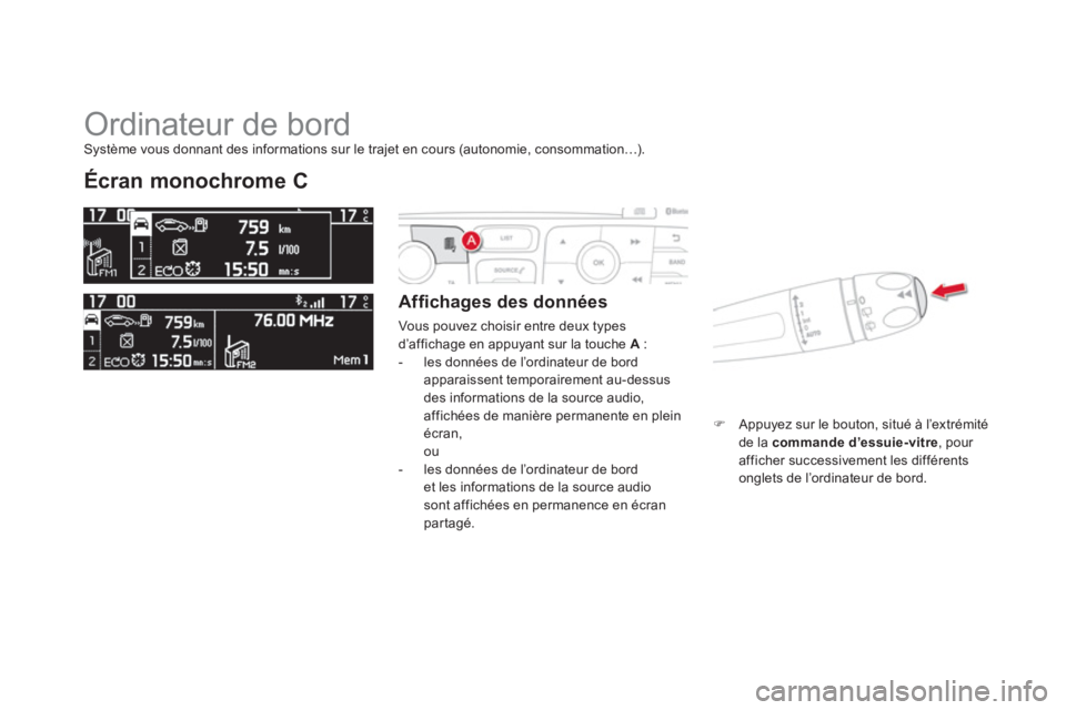 CITROEN DS4 2014  Notices Demploi (in French)   Ordinateur de bord 
 
 
 
 
 
 
 
Écran monochrome C 
 
 
Afﬁ chages des données 
 
Vous pouvez choisir entre deux types 
d’affichage en appuyant sur la touche  A 
 : 
   
 
-   les données d