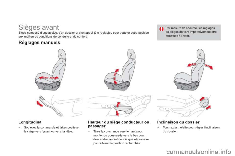 CITROEN DS4 2014  Notices Demploi (in French)    
 
 
 
 
 
 
 
Sièges avant  
Siège composé d’une assise, d’un dossier et d’un appui-tête réglables pour adapter votre position 
aux meilleures conditions de conduite et de confort.  
 
