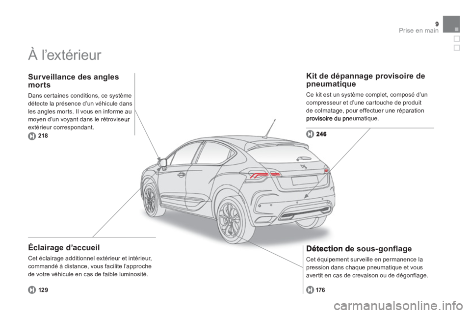 CITROEN DS4 2013  Notices Demploi (in French) 9Prise en main
  À l’extérieur  
 
 
Éclairage d’accueil
 Cet éclairage additionnel extérieur et intérieur, commandé à distance, vous facilite l’approchede votre véhicule en cas de faib