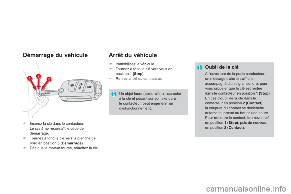 CITROEN DS4 2013  Notices Demploi (in French) Démarrage du véhicule 
�)Insérez la clé dans le contacteur.  
 Le système reconnaît le code de 
démarrage. �)Tournez 