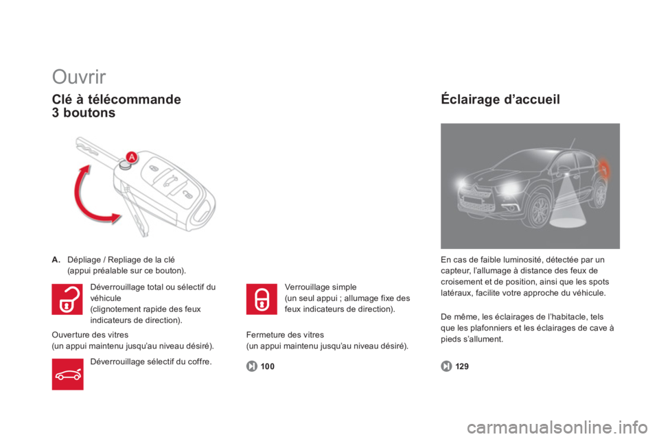 CITROEN DS4 2013  Notices Demploi (in French) 100
  Ouvrir 
A. 
 Dépliage / Repliage de la clé(appui préalable sur ce bouton).
Clé à télécommande 
3 boutons
 
En cas de faible luminosité, détectée par un capteur, l’allumage à distanc