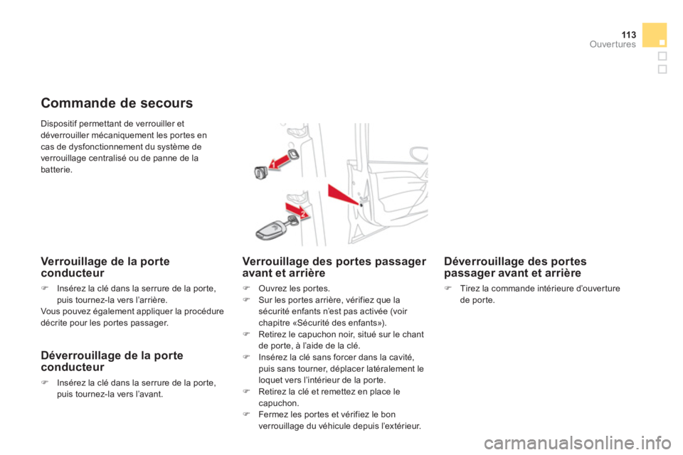 CITROEN DS4 2013  Notices Demploi (in French) 113Ouvertures
  Dispositif permettant de verrouiller et 
déverrouiller mécaniquement les por tes en
cas de dysfonctionnement du système de 
verrouillage centralisé ou de panne de la batterie. 
Com