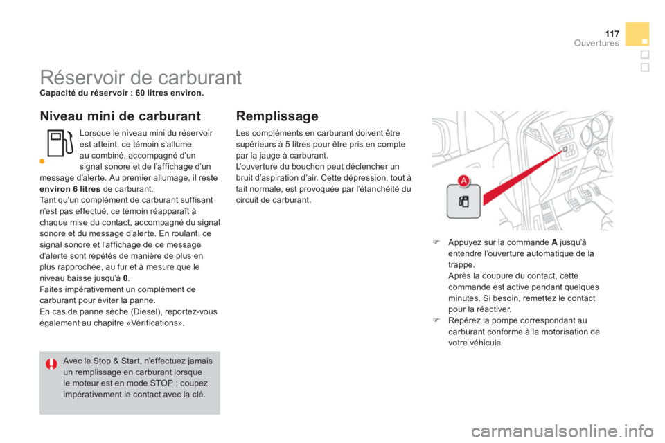 CITROEN DS4 2013  Notices Demploi (in French) 11 7Ouvertures
   
 
 
 
 
 
 
 
 
 
 
 
 
 
Réservoir de carburant Capacité du réser voir : 60 litres environ.
 
 Niveau mini de carburant
Lorsque le niveau mini du réser voir 
est atteint, ce t