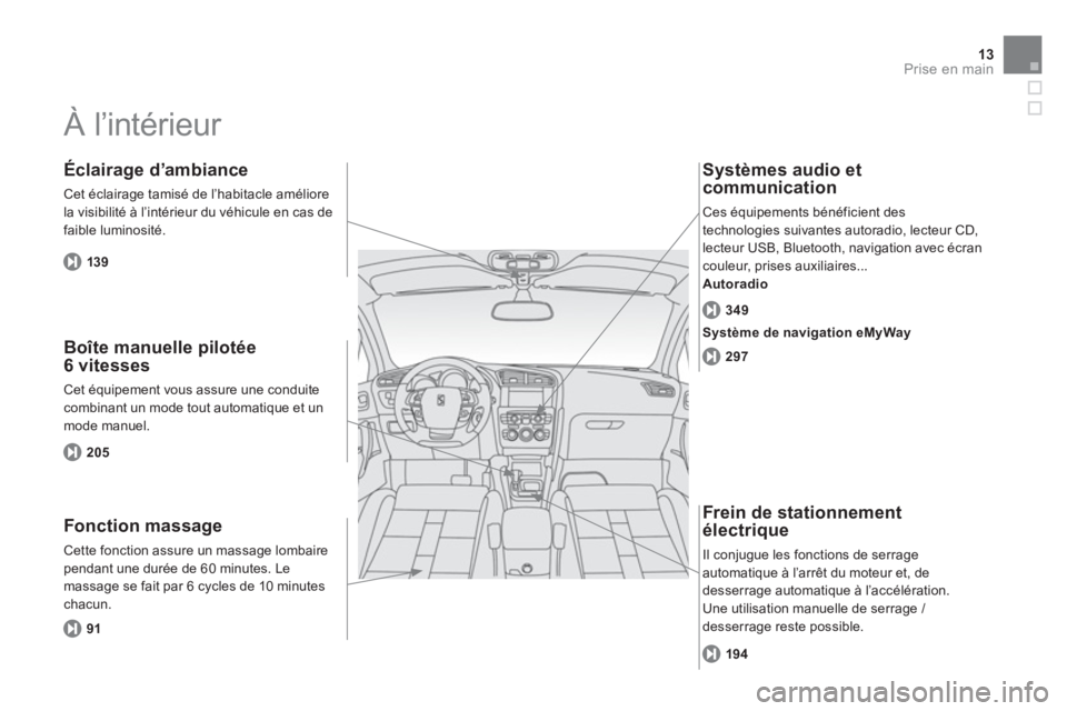 CITROEN DS4 2013  Notices Demploi (in French) 13Prise en main
  À l’intérieur  
 
 
Boîte manuelle pilotée 
6 vitesses 
 Cet équipement vous assure une conduitecombinant un mode tout automatique et unmode manuel. 
   
Éclairage d’ambian