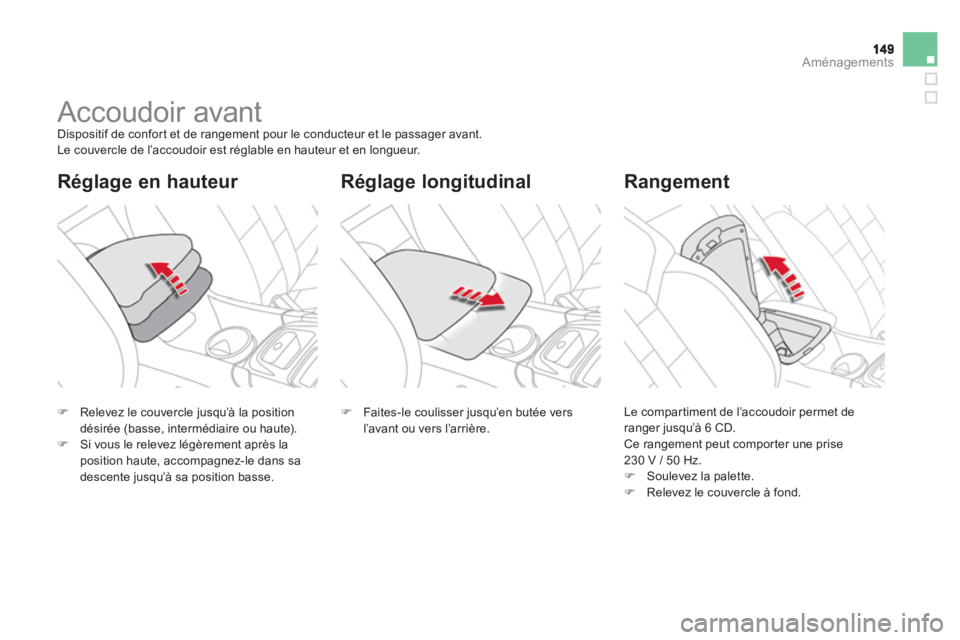 CITROEN DS4 2013  Notices Demploi (in French) Aménagements
   
 
 
 
 
 
 
 
Accoudoir avant  
Dispositif de confort et de rangement pour le conducteur et le passager avant.
  Le couvercle de l’accoudoir est réglable en hauteur et en longueur