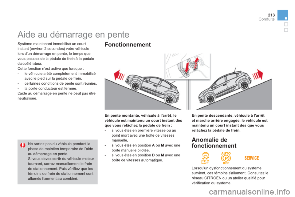 CITROEN DS4 2013  Notices Demploi (in French) 213Conduite
 Système maintenant immobilisé un court 
instant 
(environ 2 secondes) votre véhicule
lors d’un démarrage en pente, le temps que 
vous passiez de la pédale de frein à la pédale 
d